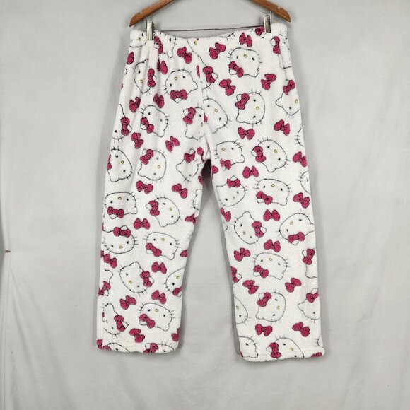 Sanrio Hello Kitty Fleece Pajama Pants Women's XL White Pink Drawstring Wide Leg - Picture 2 of 7